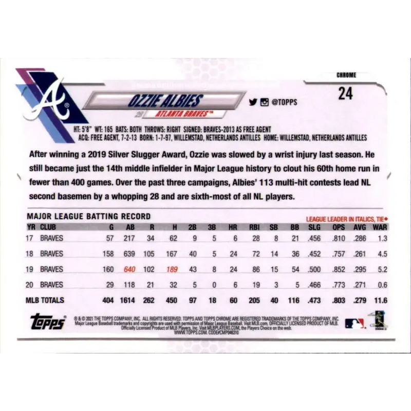 2021 Topps Chrome Refractor Prism #24 Ozzie Albies NM/MT Atlanta Braves Baseball Card - Baseball Card Single