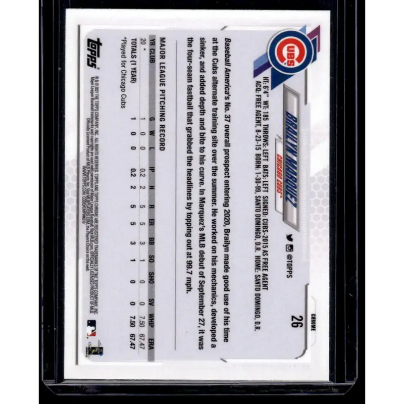 2021 Topps Chrome Refractor Prism #26 Brailyn Marquez NM/MT RC Rookie Chicago Cubs Baseball Card - Baseball Card Single
