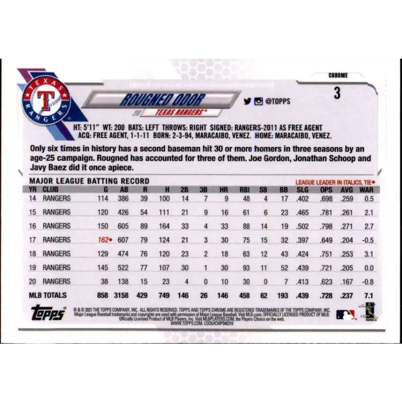 2021 Topps Chrome Refractor Prism #3 Rougned Odor NM/MT Texas Rangers Baseball Card - Baseball Card Single