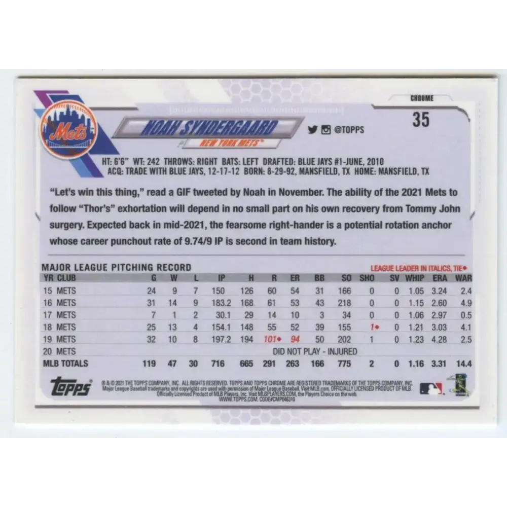 2021 Topps Chrome Refractor Prism #35 Noah Syndergaard NM/MT New York Mets Baseball Card - Baseball Card Single