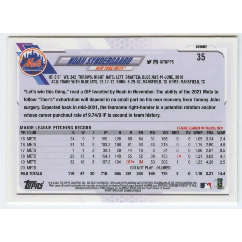 2021 Topps Chrome Refractor Prism #35 Noah Syndergaard NM/MT New York Mets Baseball Card - Baseball Card Single