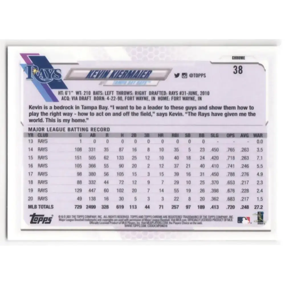 2021 Topps Chrome Refractor Prism #38 Kevin Kiermaier NM/MT Tampa Bay Rays Baseball Card - Baseball Card Single