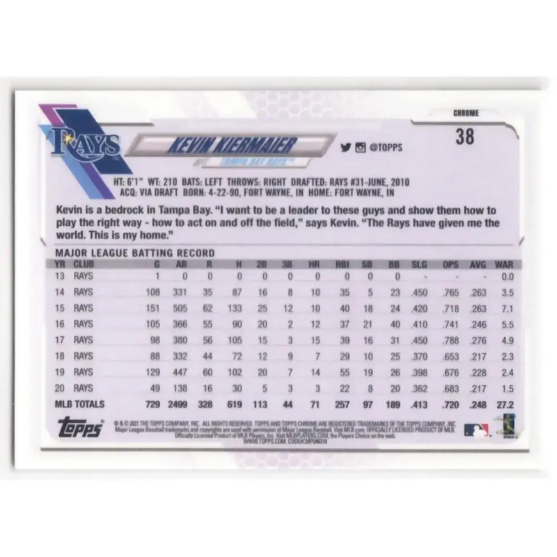 2021 Topps Chrome Refractor Prism #38 Kevin Kiermaier NM/MT Tampa Bay Rays Baseball Card - Baseball Card Single