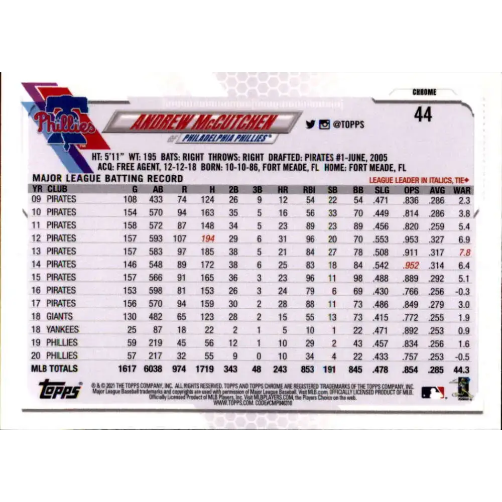 2021 Topps Chrome Refractor Prism #44 Andrew McCutchen NM/MT Philadelphia Phillies Baseball Card - Baseball Card Single