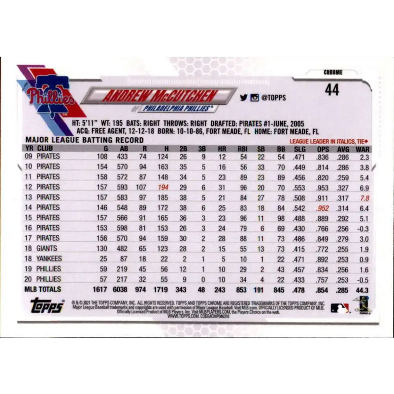 2021 Topps Chrome Refractor Prism #44 Andrew McCutchen NM/MT Philadelphia Phillies Baseball Card - Baseball Card Single