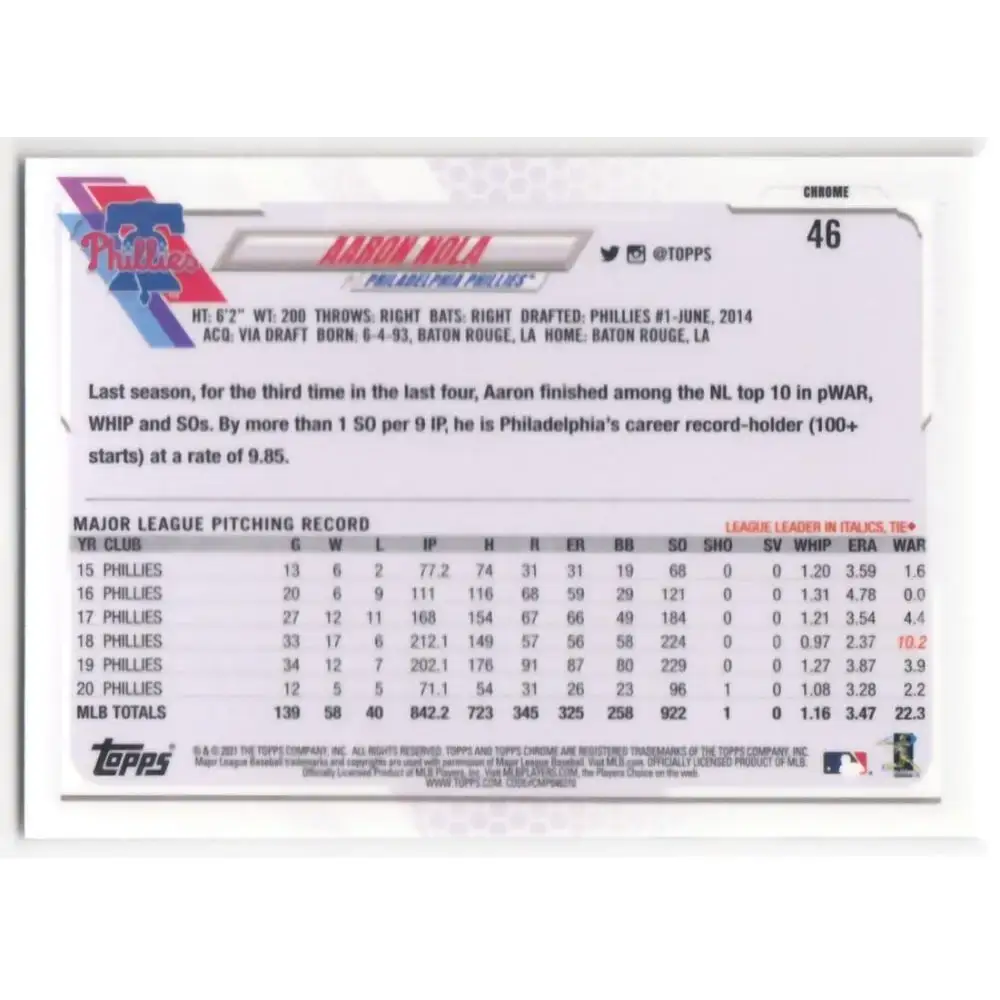 2021 Topps Chrome Refractor Prism #46 Aaron Nola NM/MT Philadelphia Phillies Baseball Card - Baseball Card Single