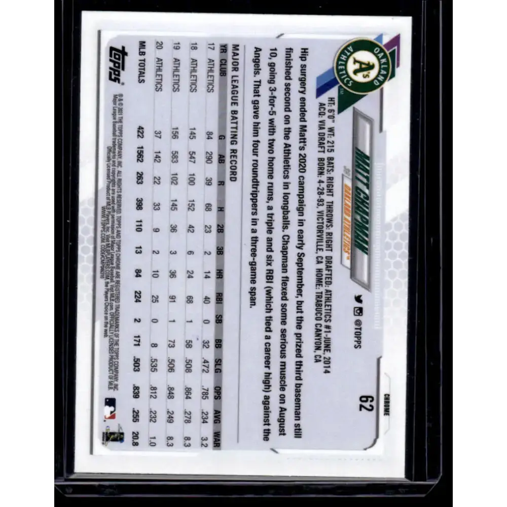 2021 Topps Chrome Refractor Prism #62 Matt Chapman NM/MT Oakland Athletics Baseball Card - Baseball Card Single