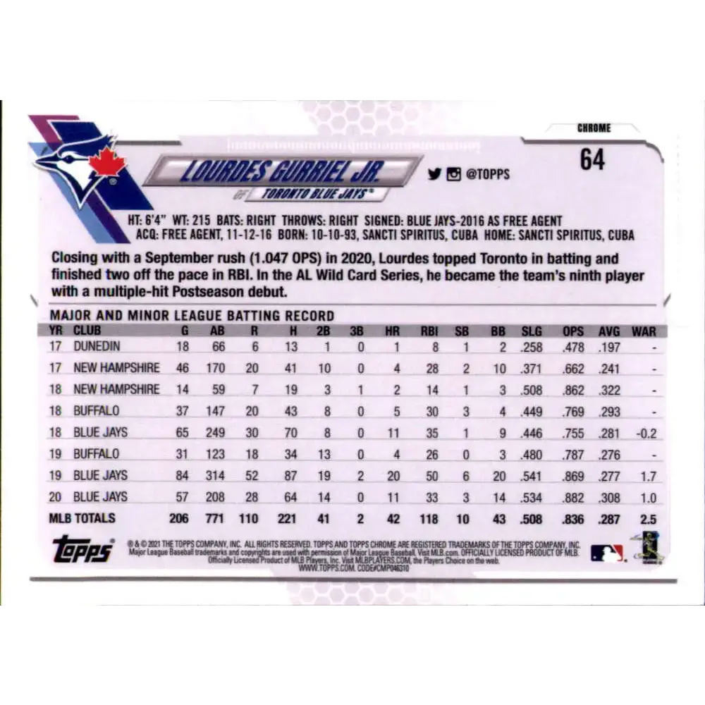 2021 Topps Chrome Refractor Prism #64 Lourdes Gurriel Jr. NM/MT Toronto Blue Jays Baseball Card - Baseball Card Single
