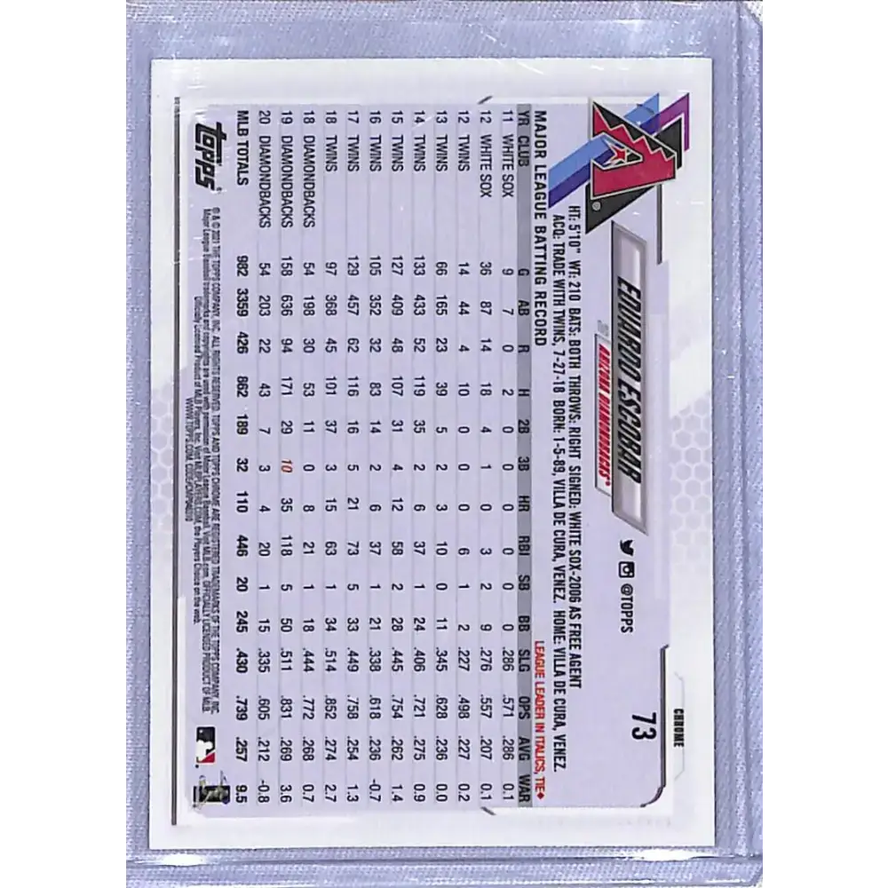 2021 Topps Chrome Refractor Prism #73 Eduardo Escobar NM/MT Arizona Diamondbacks Baseball Card - Baseball Card Single
