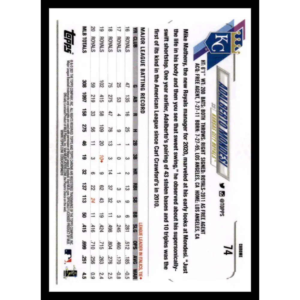 2021 Topps Chrome Refractor Prism #74 Adalberto Mondesi NM/MT Kansas City Royals Baseball Card - Baseball Card Single