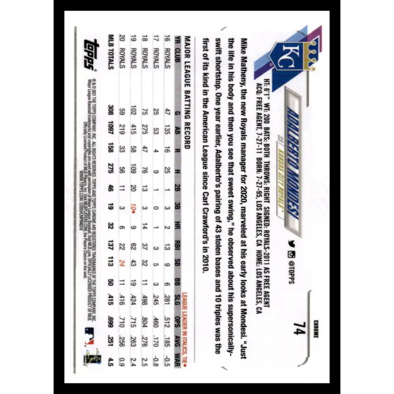2021 Topps Chrome Refractor Prism #74 Adalberto Mondesi NM/MT Kansas City Royals Baseball Card - Baseball Card Single