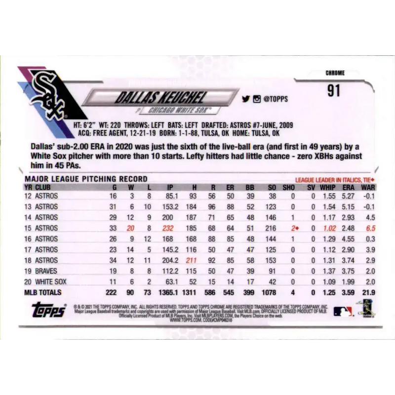 2021 Topps Chrome Refractor Prism #91 Dallas Keuchel NM/MT Chicago White Sox Baseball Card - Baseball Card Single