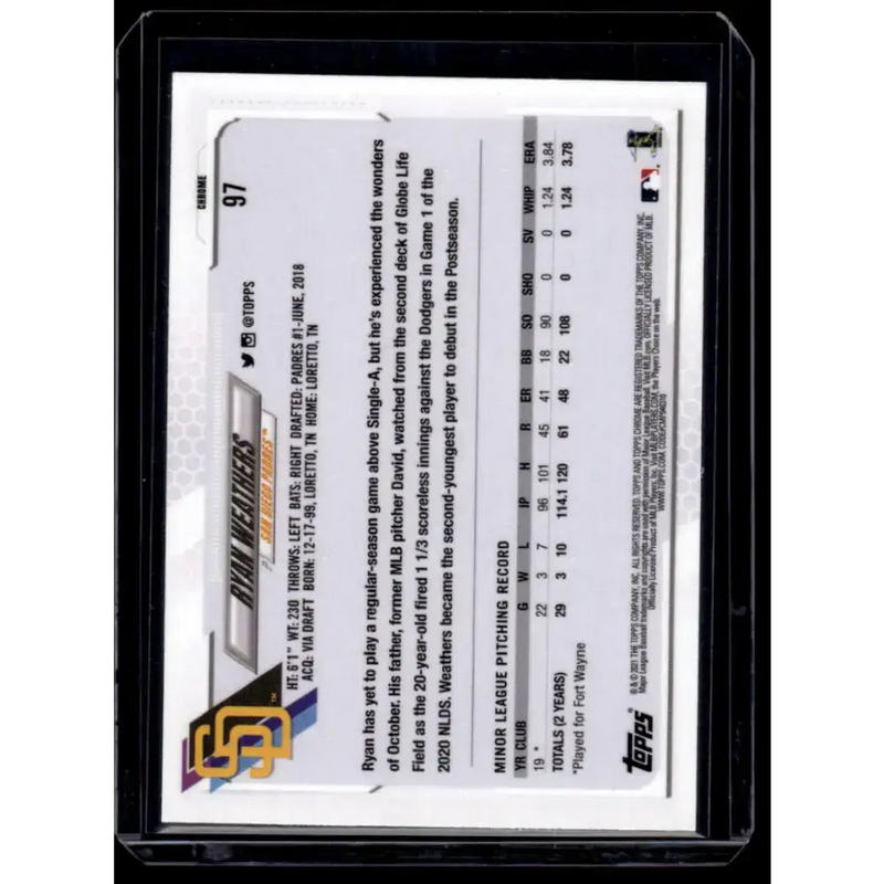 2021 Topps Chrome Refractor Prism #97 Ryan Weathers NM/MT RC Rookie San Diego Padres Baseball Card - Baseball Card