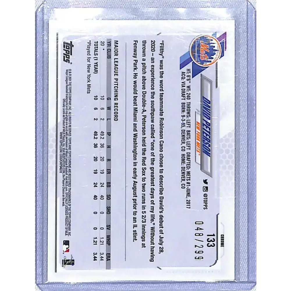 2021 Topps Chrome Refractor Purple #133 David Peterson NM-MT RC Rookie 048/299 New York Mets Baseball Card - Baseball