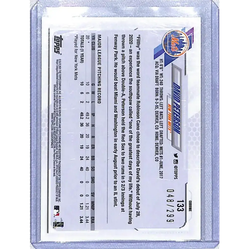 2021 Topps Chrome Refractor Purple #133 David Peterson NM-MT RC Rookie 048/299 New York Mets Baseball Card - Baseball