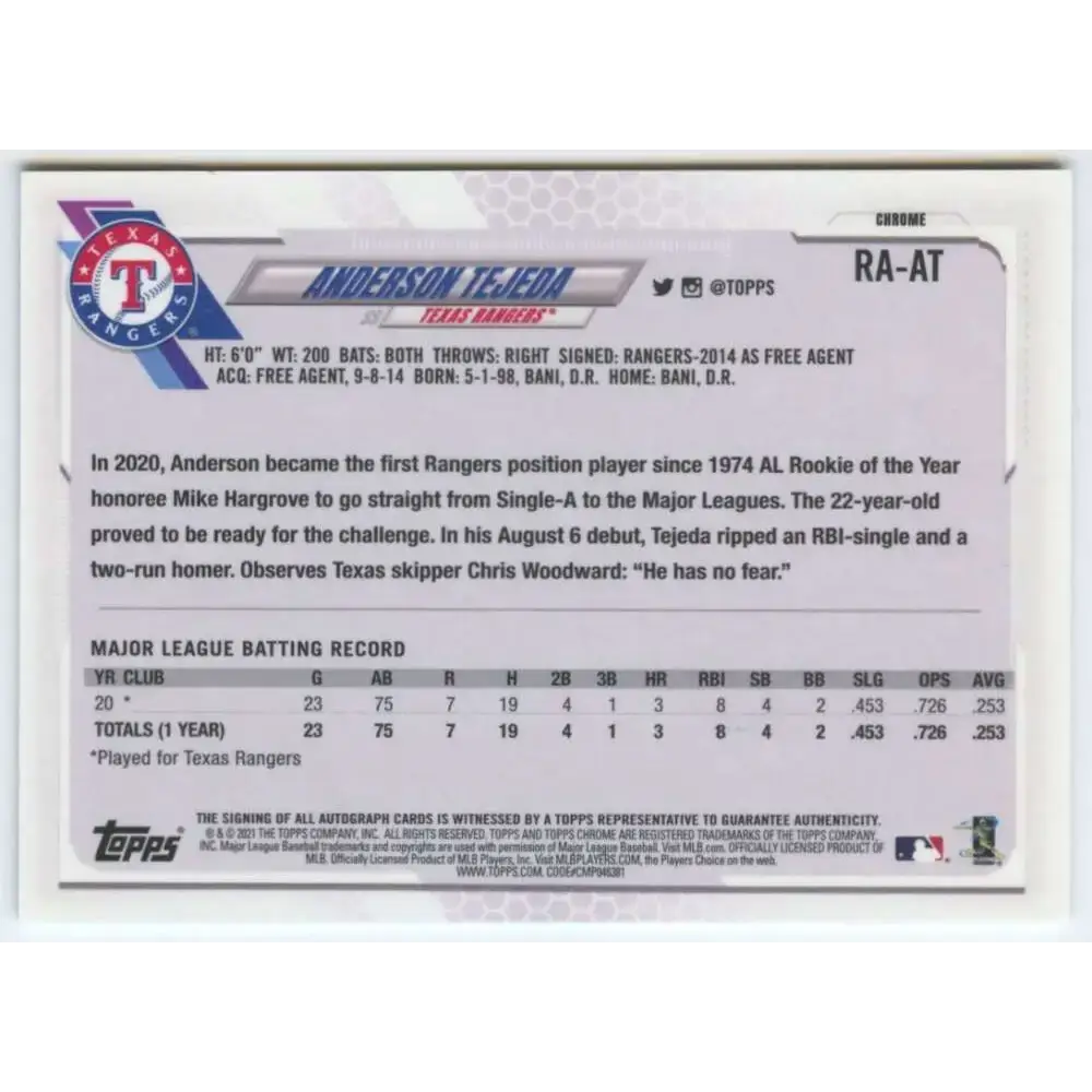 2021 Topps Chrome Rookie Autographs #RA-AT Anderson Tejeda NM-MT RC Rookie Auto Texas Rangers Baseball Card - Baseball