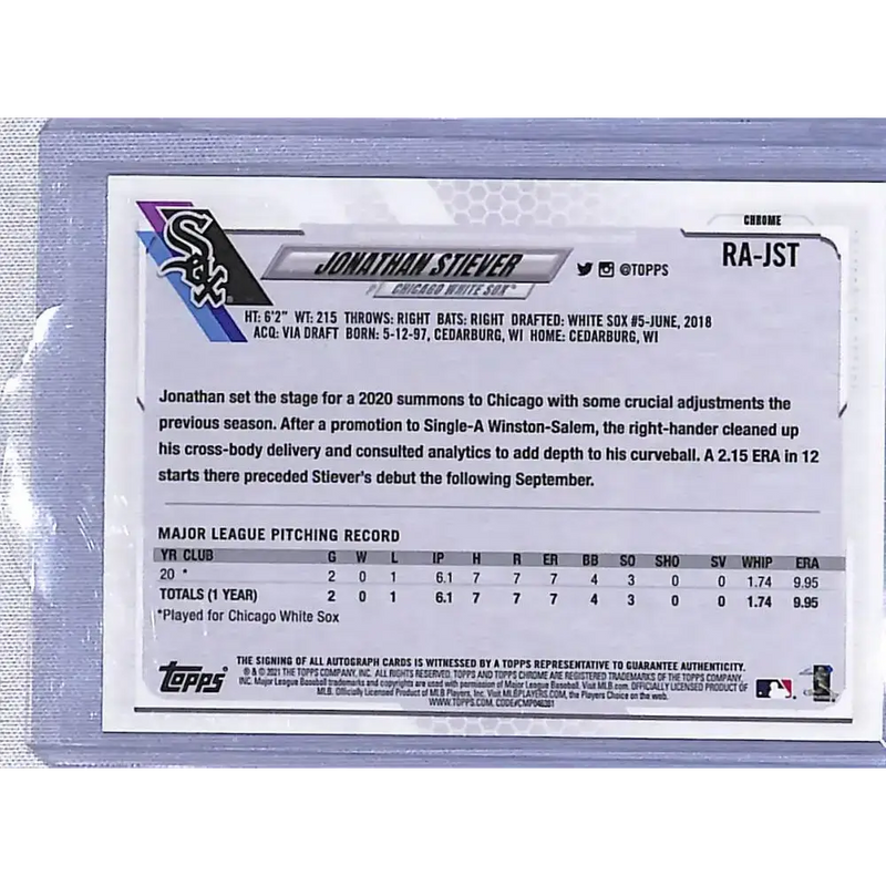 2021 Topps Chrome Rookie Autographs #RA-JST Jonathan Stiever NM-MT RC Rookie Auto Chicago White Sox Baseball Card