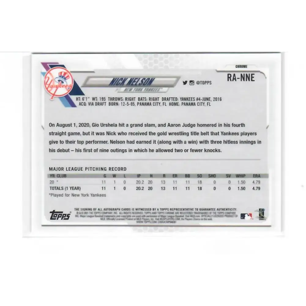 2021 Topps Chrome Rookie Autographs #RA-NNE Nick Nelson NM-MT RC Rookie Auto New York Yankees Baseball Card - Baseball