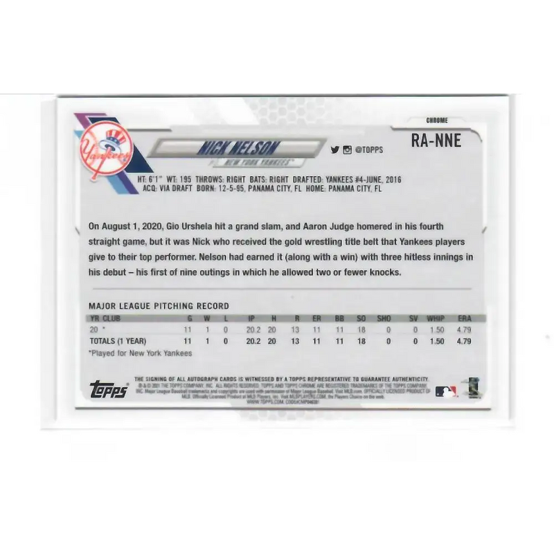 2021 Topps Chrome Rookie Autographs #RA-NNE Nick Nelson NM-MT RC Rookie Auto New York Yankees Baseball Card - Baseball