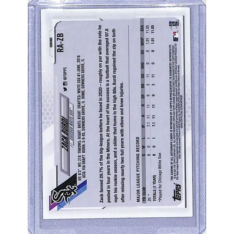 2021 Topps Chrome Rookie Autographs #RA-ZB Zack Burdi NM-MT RC Rookie Auto Chicago White Sox Baseball Card - Baseball