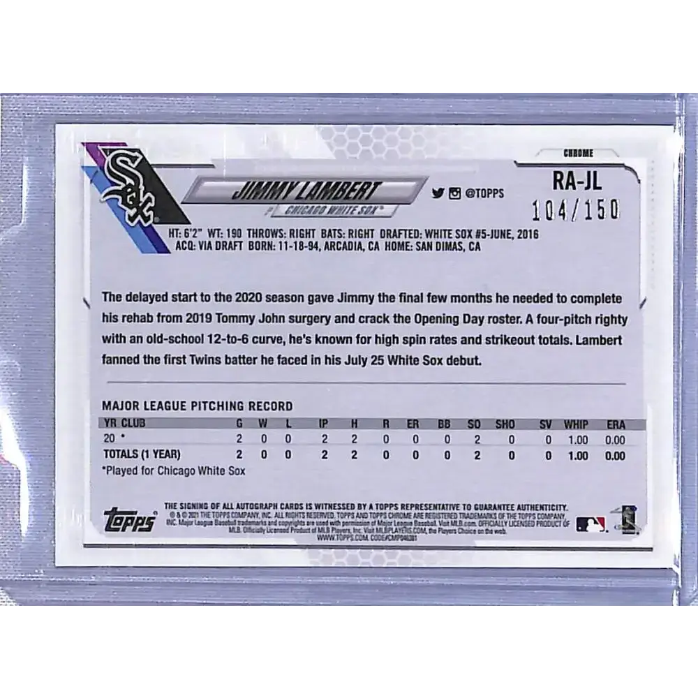 2021 Topps Chrome Rookie Autographs Refractor Blue #RA-JL Jimmy Lambert NM-MT RC Rookie Auto 104/150 - Baseball Card