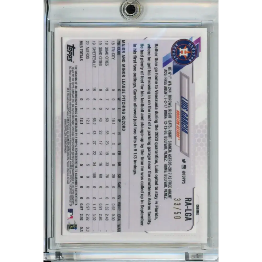 2021 Topps Chrome Rookie Autographs Refractor Gold #RA-LGA Luis Garcia NM-MT RC Rookie Auto 33/50 Houston Astros