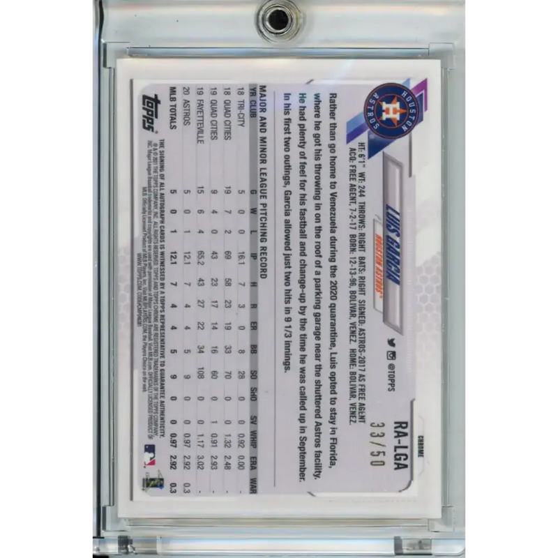 2021 Topps Chrome Rookie Autographs Refractor Gold #RA-LGA Luis Garcia NM-MT RC Rookie Auto 33/50 Houston Astros