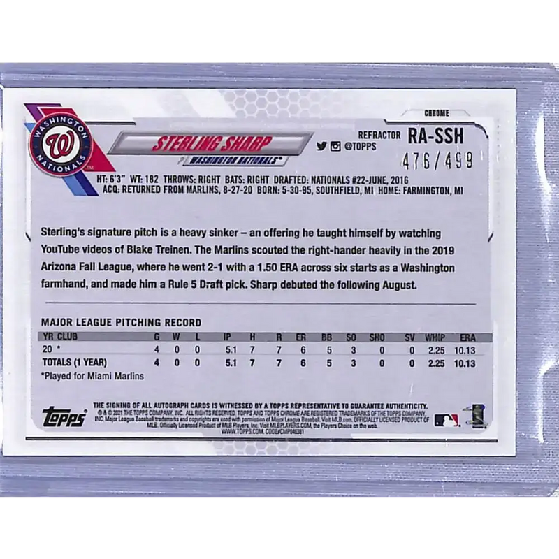 2021 Topps Chrome Rookie Autographs Refractor #RA-SSH Sterling Sharp NM-MT RC Rookie Auto 476/499 - Baseball Card Single