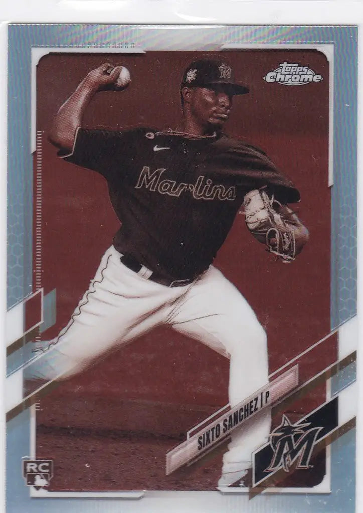 Baseball card of Sixto Sanchez RC Miami from 2021 Topps Chrome Sepia in mid-throw