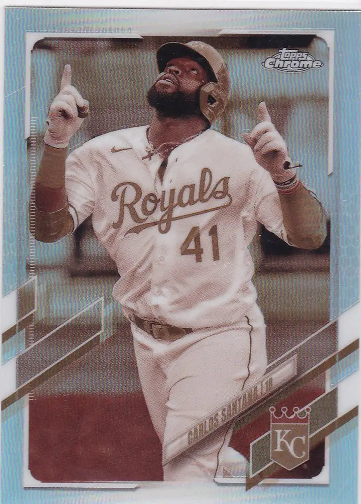 Baseball player Carlos Santana in Kansas City Royals uniform gesturing, Topps Chrome Sepia