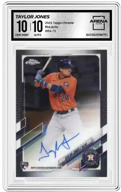 Graded 2021 Topps Chrome Taylor Jones rookie baseball card with autograph displayed
