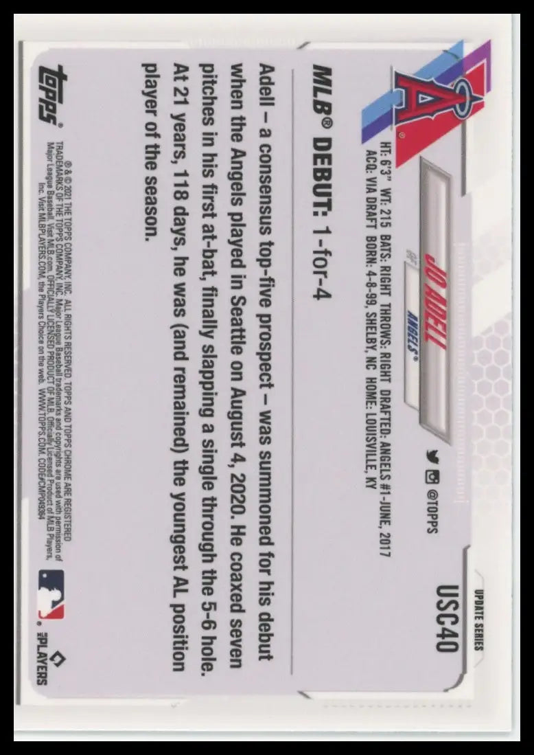 2021 Topps Chrome Update Jo Adell USC40 Los Angeles Angels Baseball NM - Baseball Card Single
