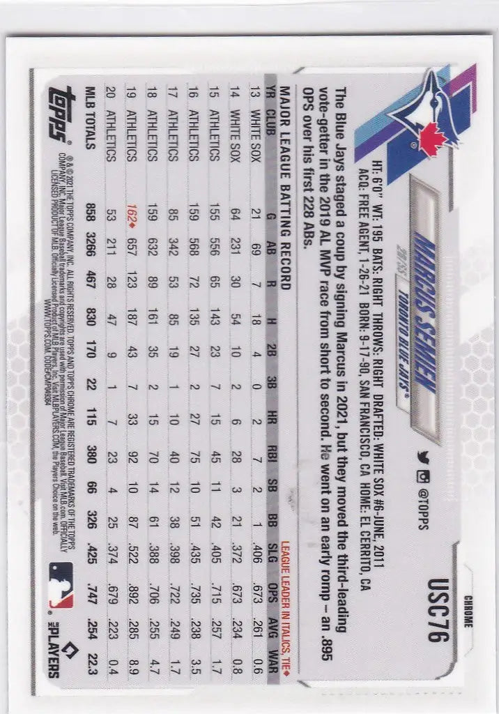 2021 Topps Chrome Update Marcus Semien Purple #USC76 Toronto Blue Jays