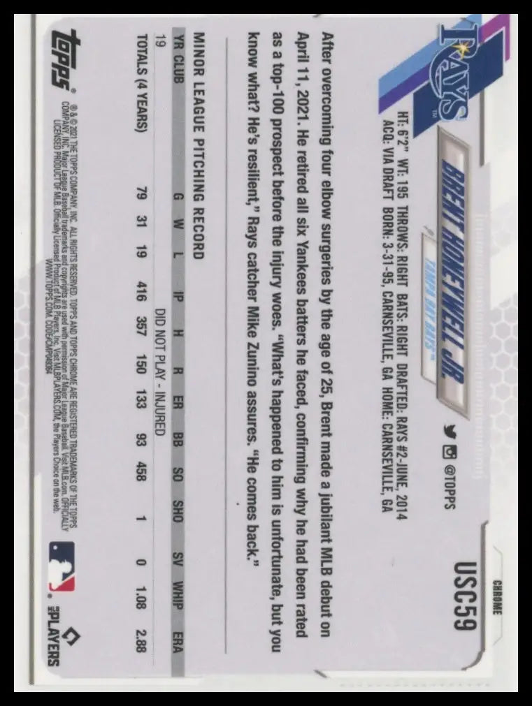 2021 Topps Chrome Update - Pink Wave Refractor Brent Honeywell Jr. USC59 Rays NM - Baseball Card Single