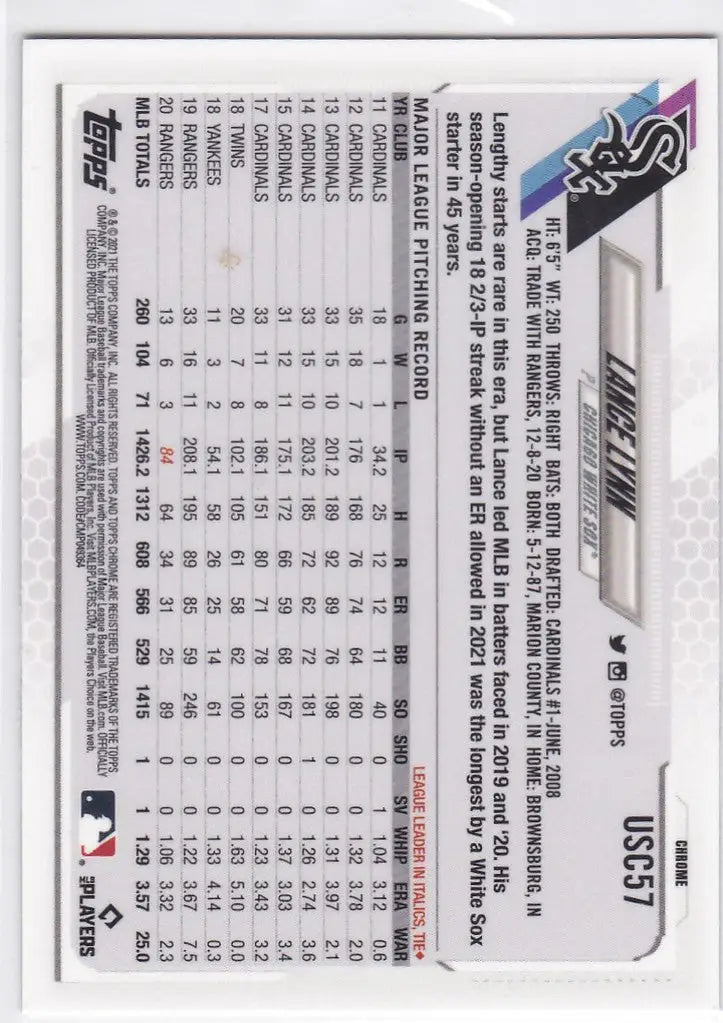 2021 Topps Chrome Update Purple Lance Lynn #USC57 Chicago White Sox