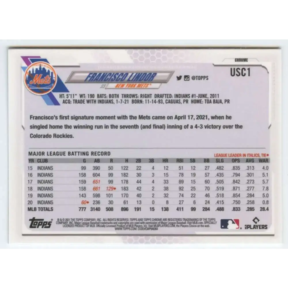 2021 Topps Chrome Update #USC1 Francisco Lindor NM-MT New York Mets Baseball Card