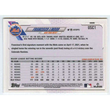 2021 Topps Chrome Update #USC1 Francisco Lindor NM-MT New York Mets Baseball Card