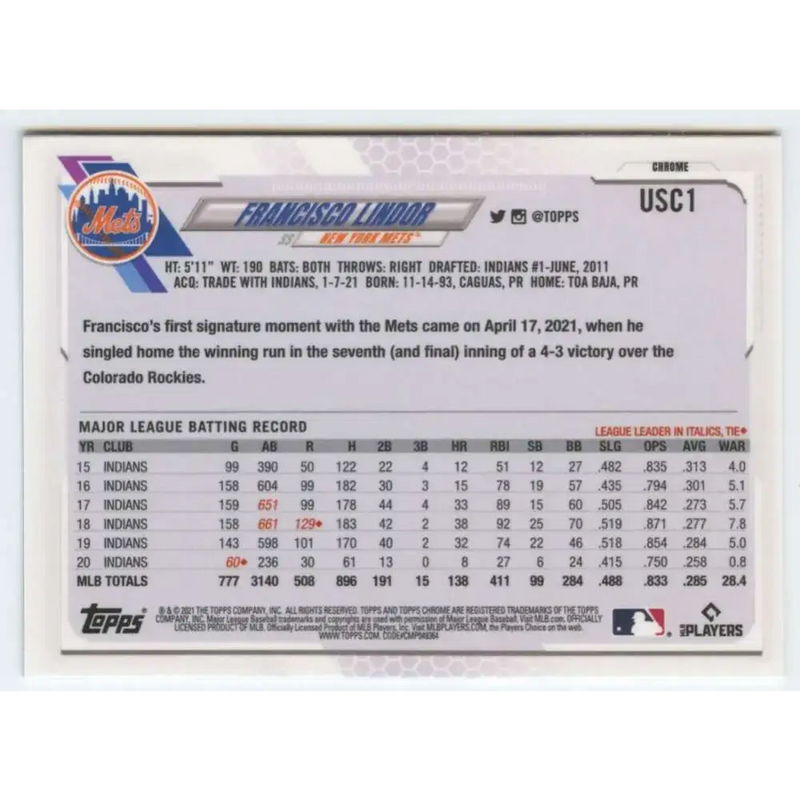 2021 Topps Chrome Update #USC1 Francisco Lindor NM-MT New York Mets Baseball Card