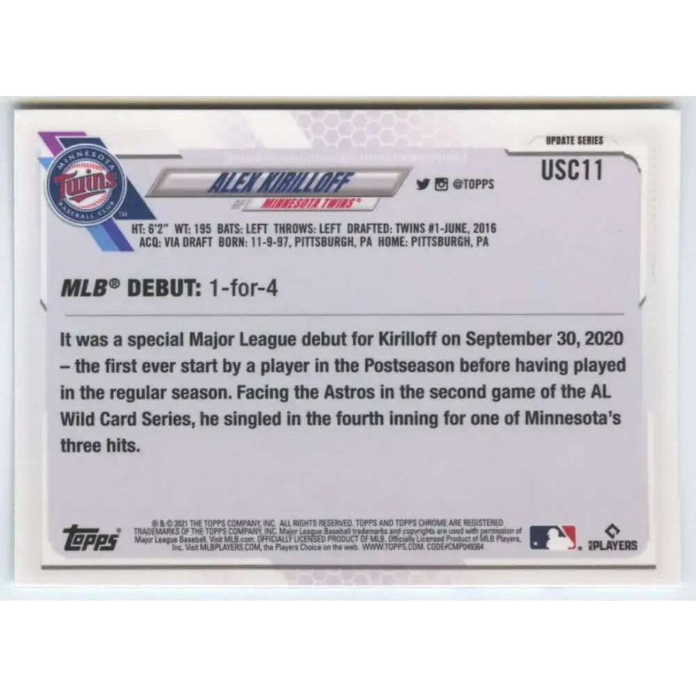 2021 Topps Chrome Update #USC11 Alex Kirilloff NM-MT RC Rookie Minnesota Twins Baseball Card - Trading Cards