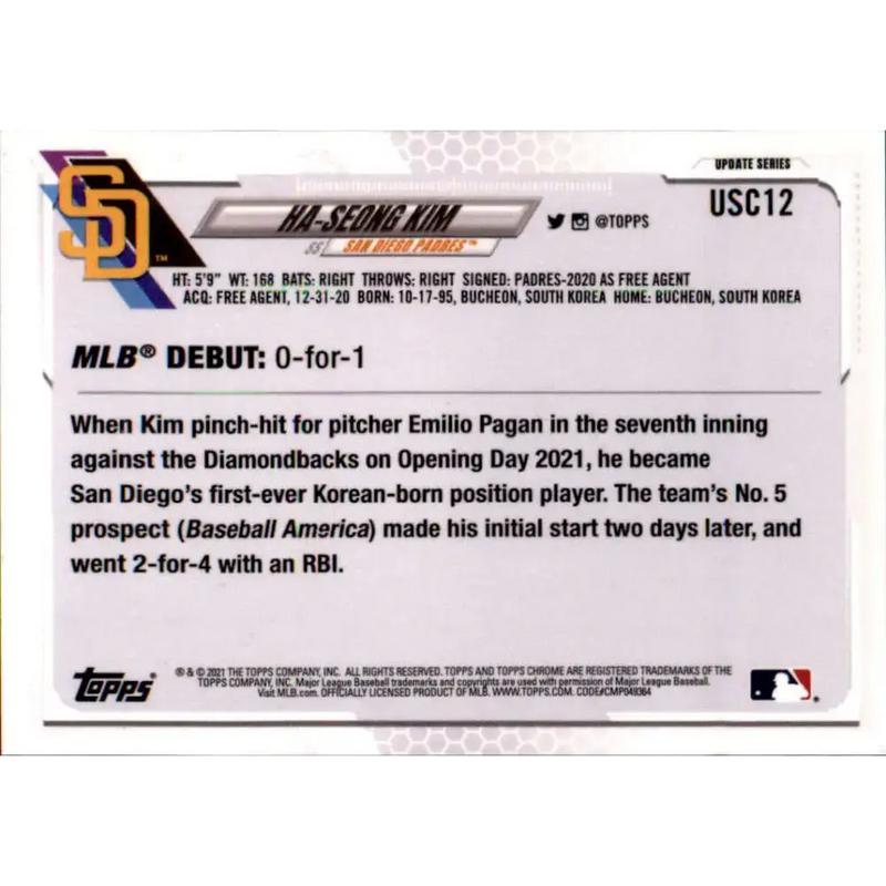 2021 Topps Chrome Update #USC12 Ha-Seong Kim NM-MT RC Rookie San Diego Padres Baseball Card