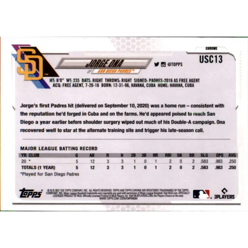 2021 Topps Chrome Update #USC13 Jorge Ona NM-MT RC Rookie San Diego Padres Baseball Card - Baseball Card Single