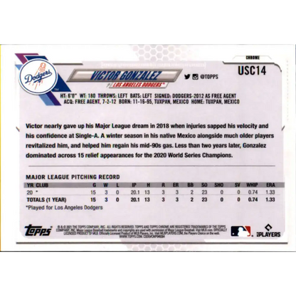 2021 Topps Chrome Update #USC14 Victor Gonzalez NM-MT RC Rookie Los Angeles Dodgers Baseball Card - Trading Card