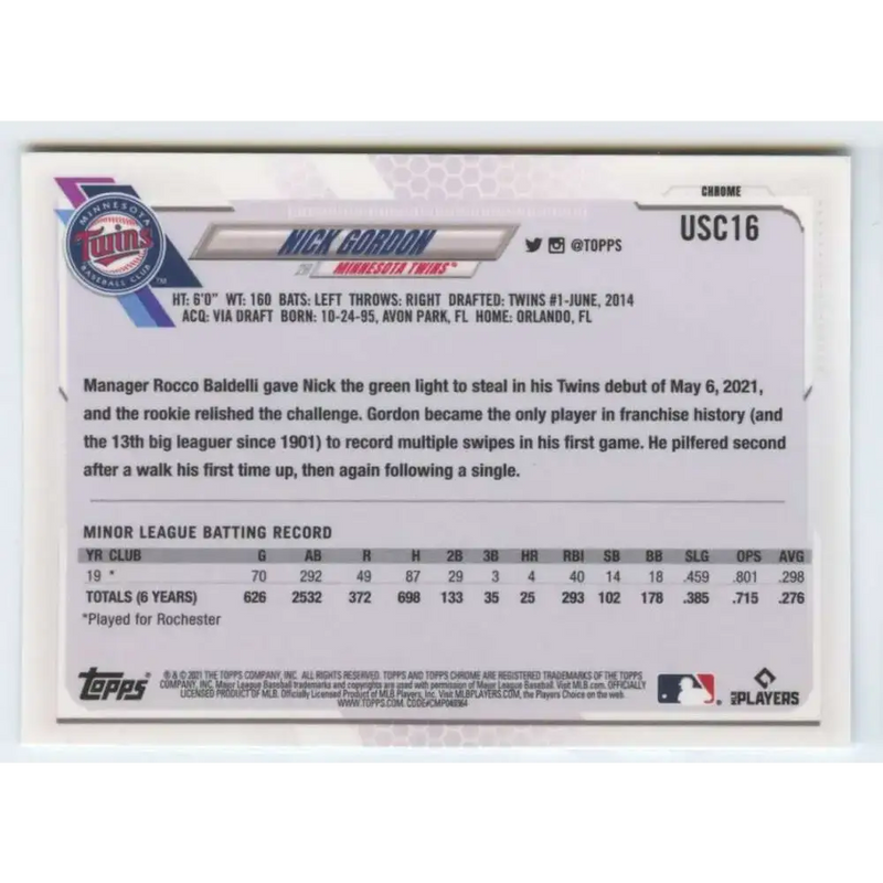 2021 Topps Chrome Update #USC16 Nick Gordon NM-MT RC Rookie Minnesota Twins Baseball Card - Baseball Card Single