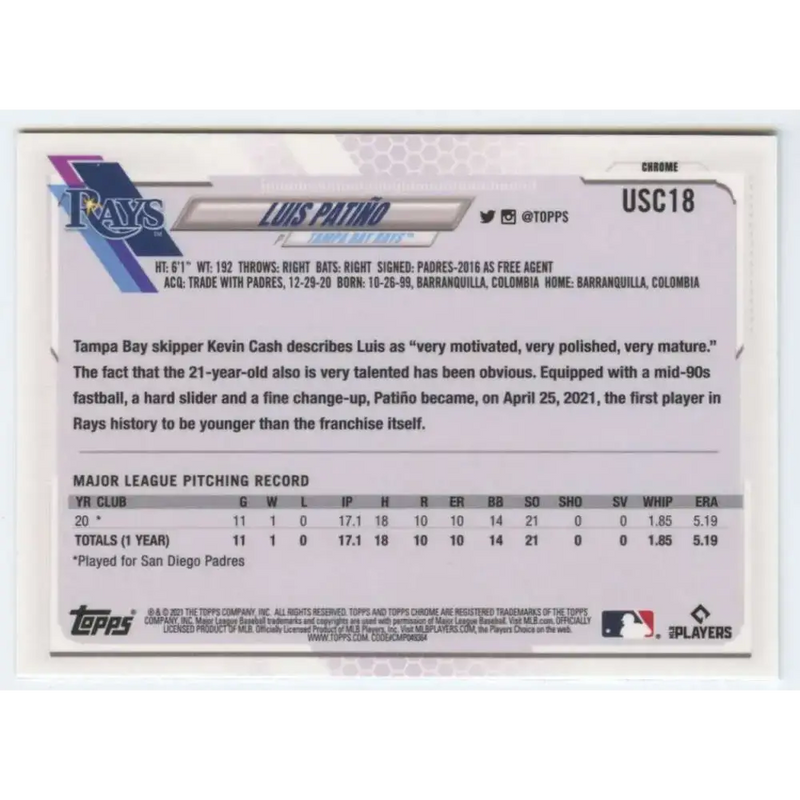 2021 Topps Chrome Update #USC18 Luis Patino NM-MT RC Rookie Tampa Bay Rays Baseball Card - Baseball Card Single