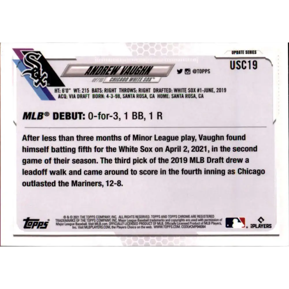 2021 Topps Chrome Update #USC19 Andrew Vaughn NM-MT RC Rookie Chicago White Sox Baseball Card - Baseball Card