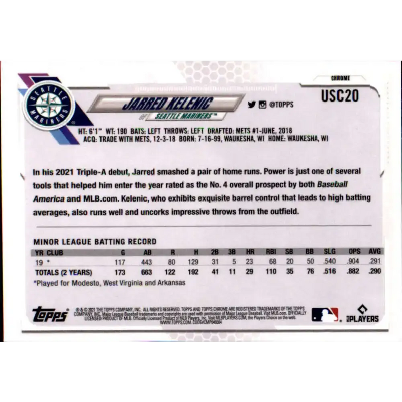 2021 Topps Chrome Update #USC20 Jarred Kelenic NM-MT RC Rookie Seattle Mariners Baseball Card - Baseball Card Single