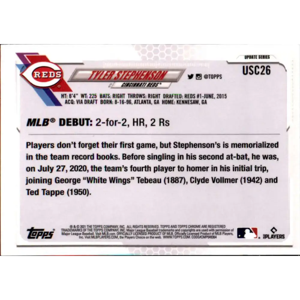 2021 Topps Chrome Update #USC26 Tyler Stephenson NM-MT RC Rookie Cincinnati Reds Baseball Card - Baseball Card