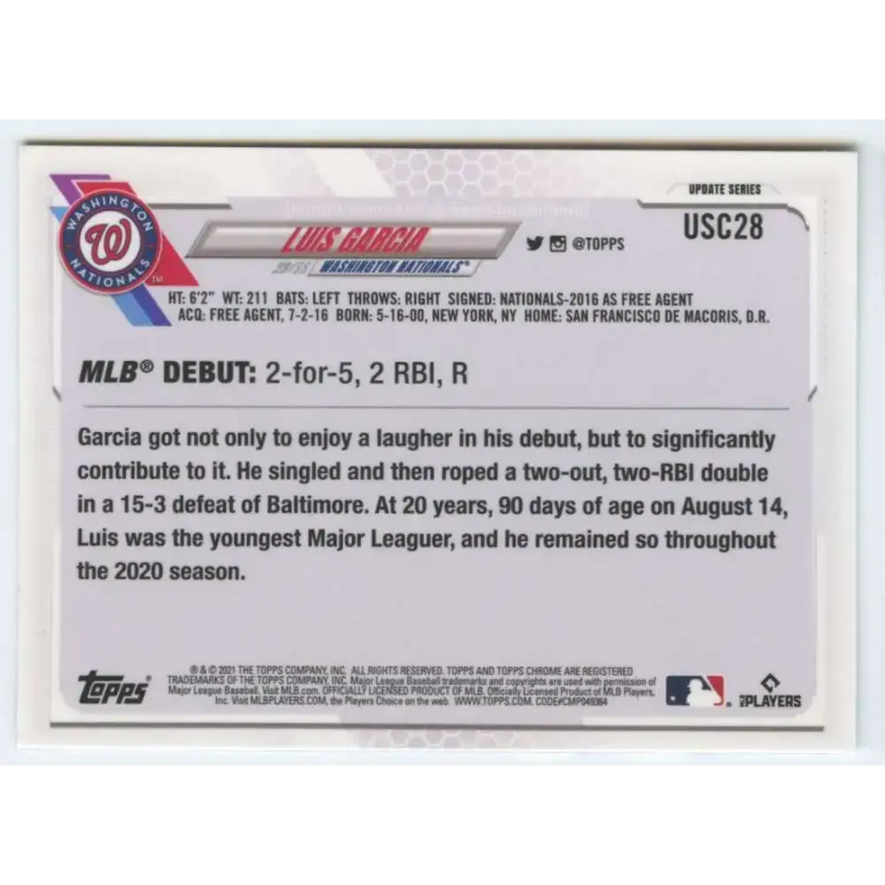 2021 Topps Chrome Update #USC28 Luis Garcia NM-MT RC Rookie Washington Nationals Baseball Card - Trading Card