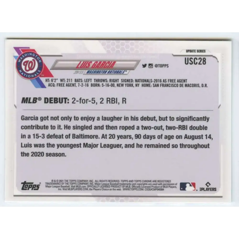 2021 Topps Chrome Update #USC28 Luis Garcia NM-MT RC Rookie Washington Nationals Baseball Card - Baseball Card Single