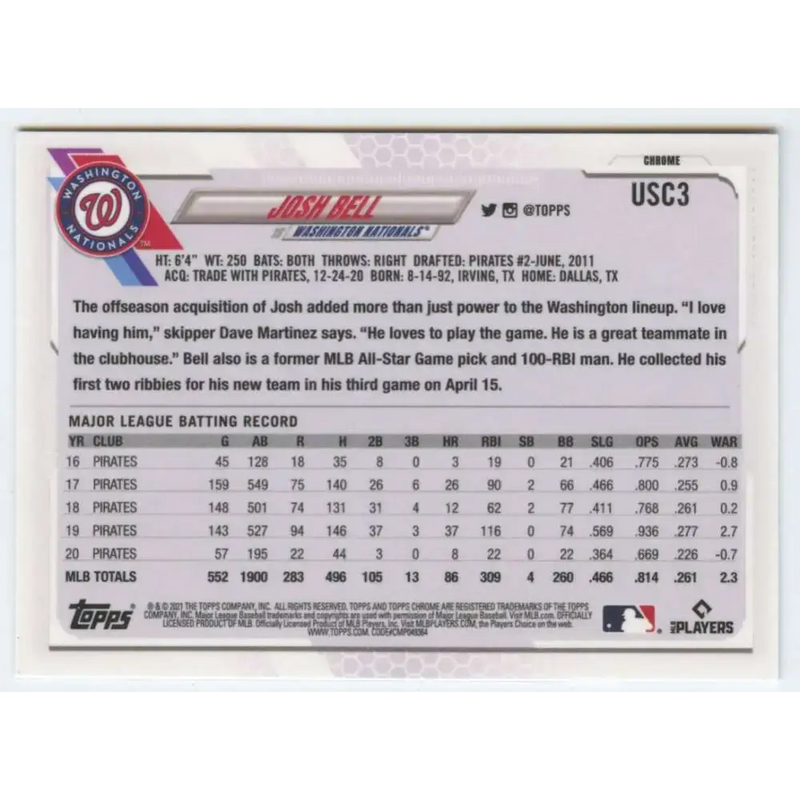 2021 Topps Chrome Update #USC3 Josh Bell NM-MT Washington Nationals Baseball Card - Baseball Card Single